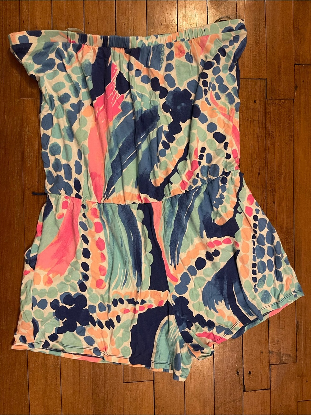 Women’s Lilly Pulitzer Vibrant Strapless Printed Romper in Coral, Navy & Mint
